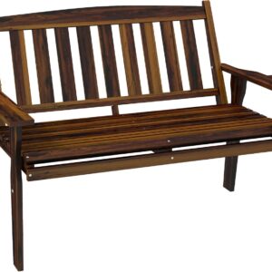 BAIVAKON Wood Outdoor Bench, 2-Person Garden Bench with Cupholder Armrests, Slatted Seat and Backrest, Park Bench for Patio, Porch, Lawn, Deck, Carbonized