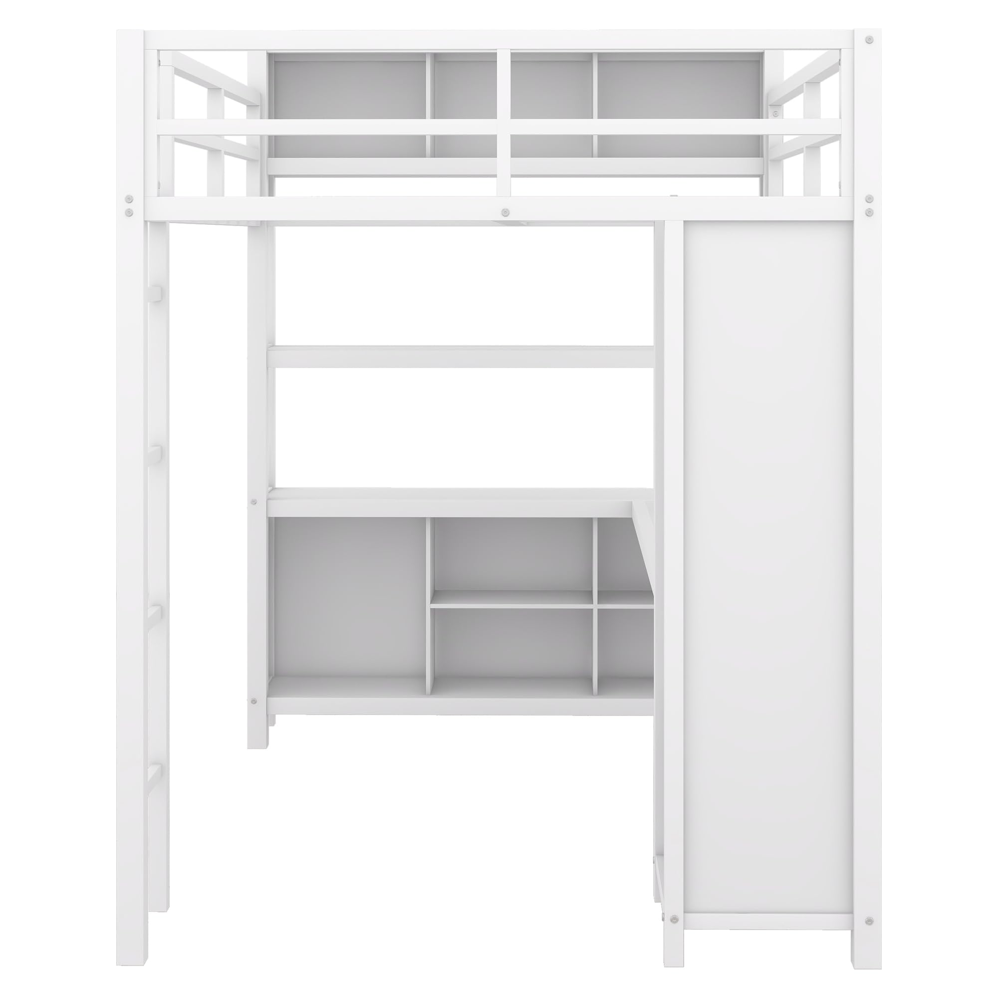 SOFTSEA Full Size Loft Bed with L Shaped Desk and Wardrobe, Heavy Duty Metal Loft Bed Frame with Storage Cubes and Shelves, Full Loft Bed for Kids Adults Bedroom, No Box Spring Needed, White