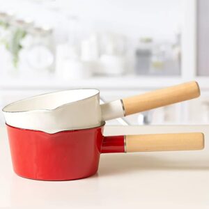 FYUEROPA Enamel Milk Pot, Butter Warmer Non-stick Saucepan, 6 Inch 37 Oz Cookware with Wooden Handle (Red)