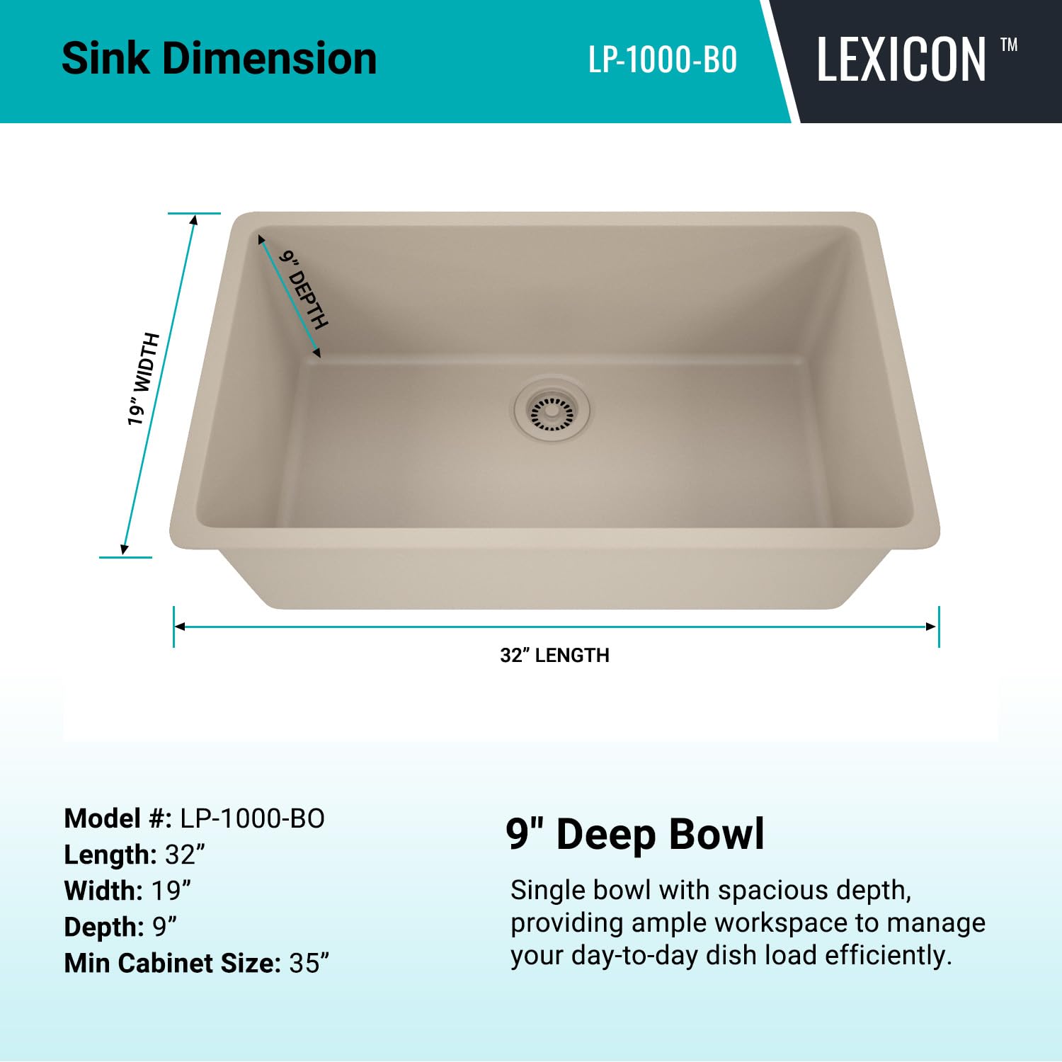 32" x 19" Quartz Kitchen Sink, Single Bowl Kitchen Sink, Large kitchen sink,Drop in Kitchen Sink, Granite Composite Kitchen Sink, Undermount Sink, Galaxy Beige kitchen Sink, LP-1000-BO