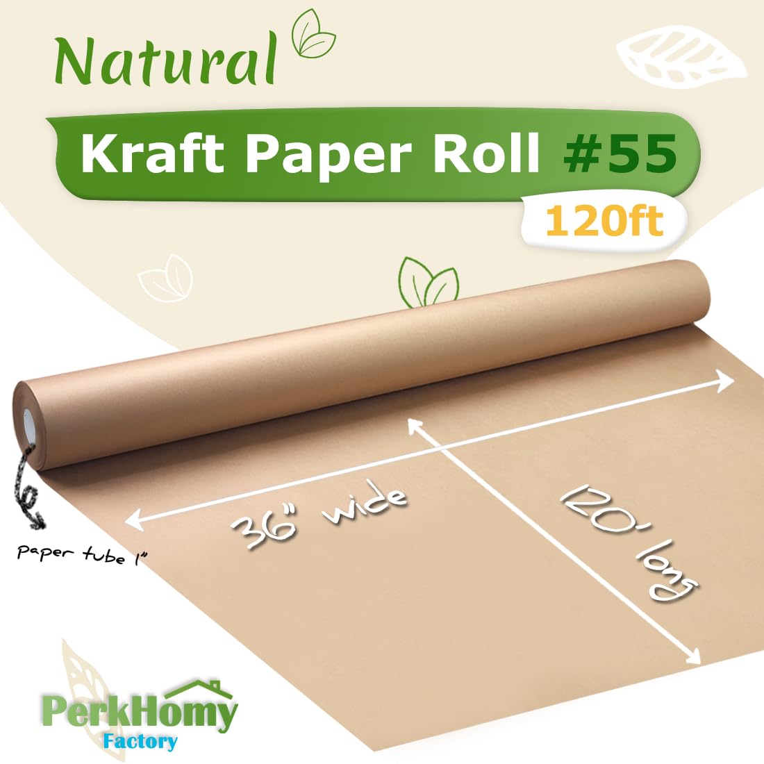 PerkHomy 36" x 1,440" (120') Brown Kraft Paper Roll for Craft Bulletin Board Paper Kids Art Table Covering Crafting Gift Wrapping Bouquet Packing Parcel 70GSM 50LB (Brown, 36" x 120')