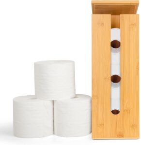 bamboo toilet paper holder free standing, wood toilet paper storage rack with lid fits 3 mega toilet paper (bamboo, rectangular)