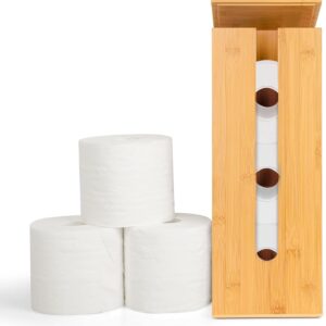 Bamboo Toilet Paper Holder Free Standing, Wood Toilet Paper Storage Rack with Lid Fits 3 Mega Toilet Paper (Bamboo, Rectangular)