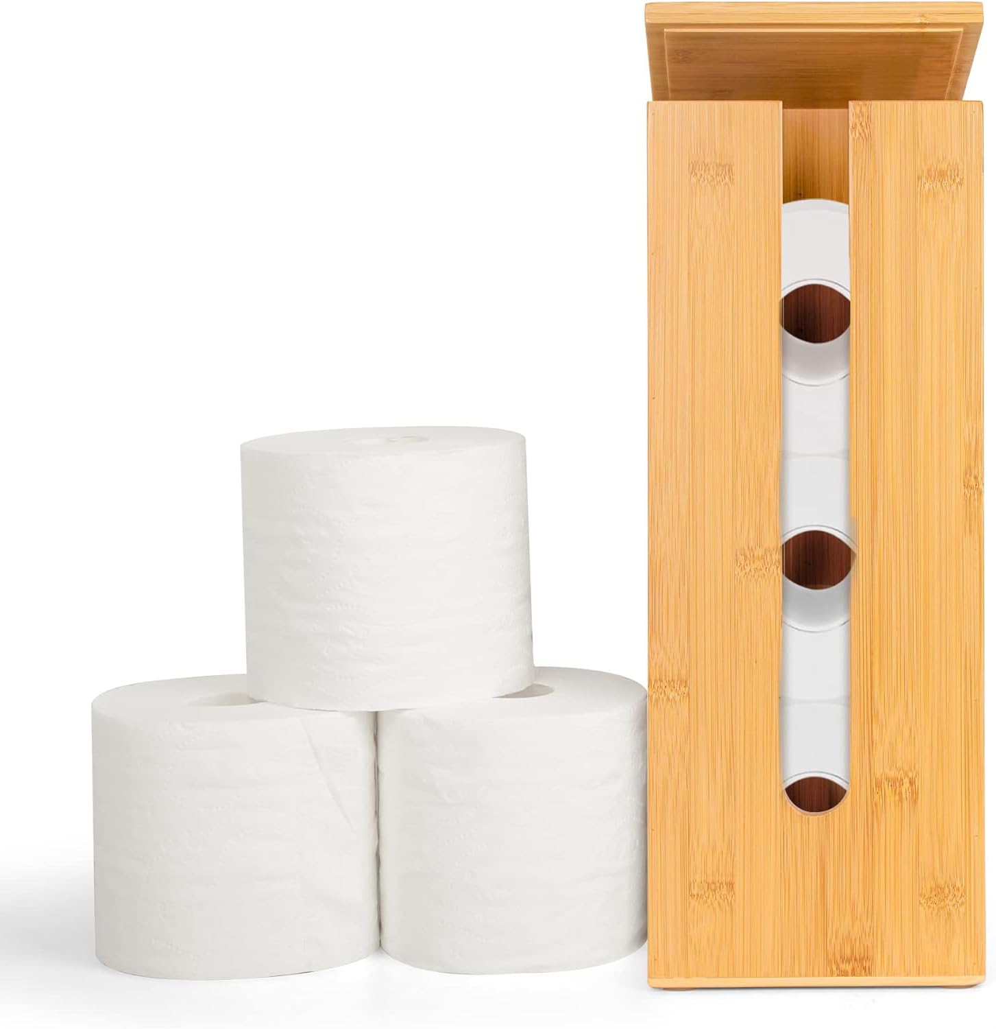 Bamboo Toilet Paper Holder Free Standing, Wood Toilet Paper Storage Rack with Lid Fits 3 Mega Toilet Paper (Bamboo, Rectangular)