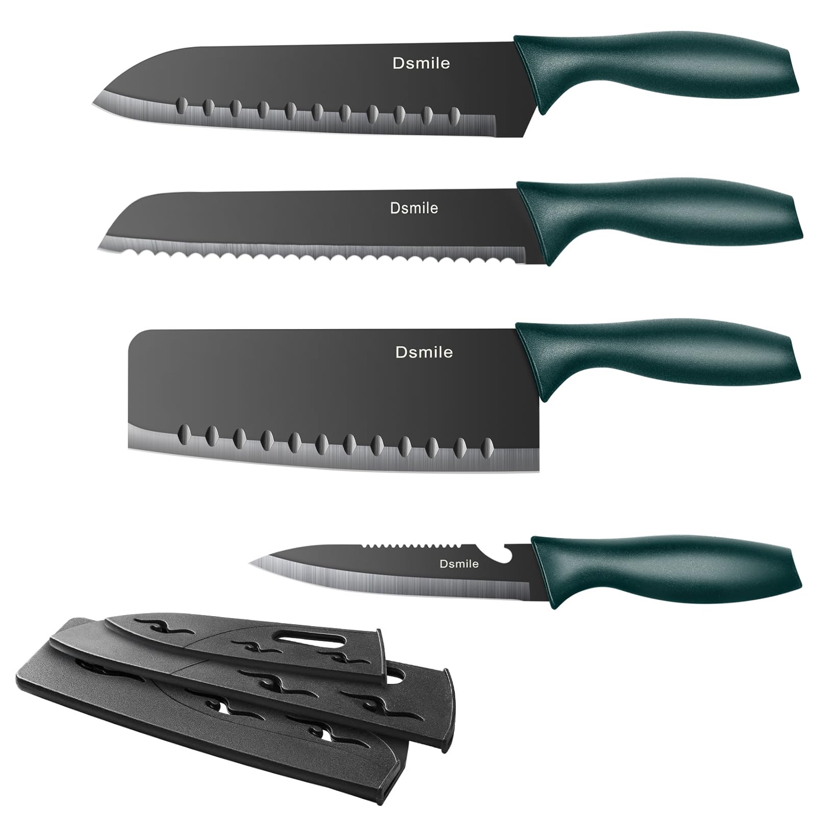 Dsmile 4 PCS Kitchen Knife Set,Black Stainless Steel Knives with Knife Covers,Non-Stick Coated Stainless Steel Blades for Cutting,Slicing & Dicing