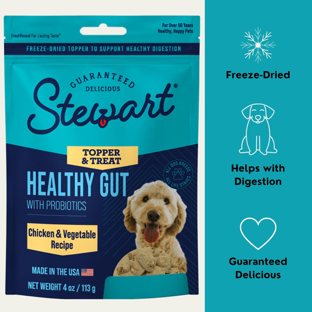 Stewart Freeze Dried Dog Food Topper, Healthy Gut, Chicken and Vegetable Recipe, 4 Ounce Pouch, Probiotics for Digestion