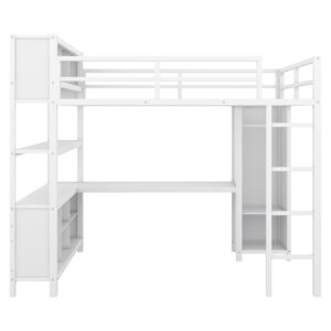 SOFTSEA Full Size Loft Bed with L Shaped Desk and Wardrobe, Heavy Duty Metal Loft Bed Frame with Storage Cubes and Shelves, Full Loft Bed for Kids Adults Bedroom, No Box Spring Needed, White