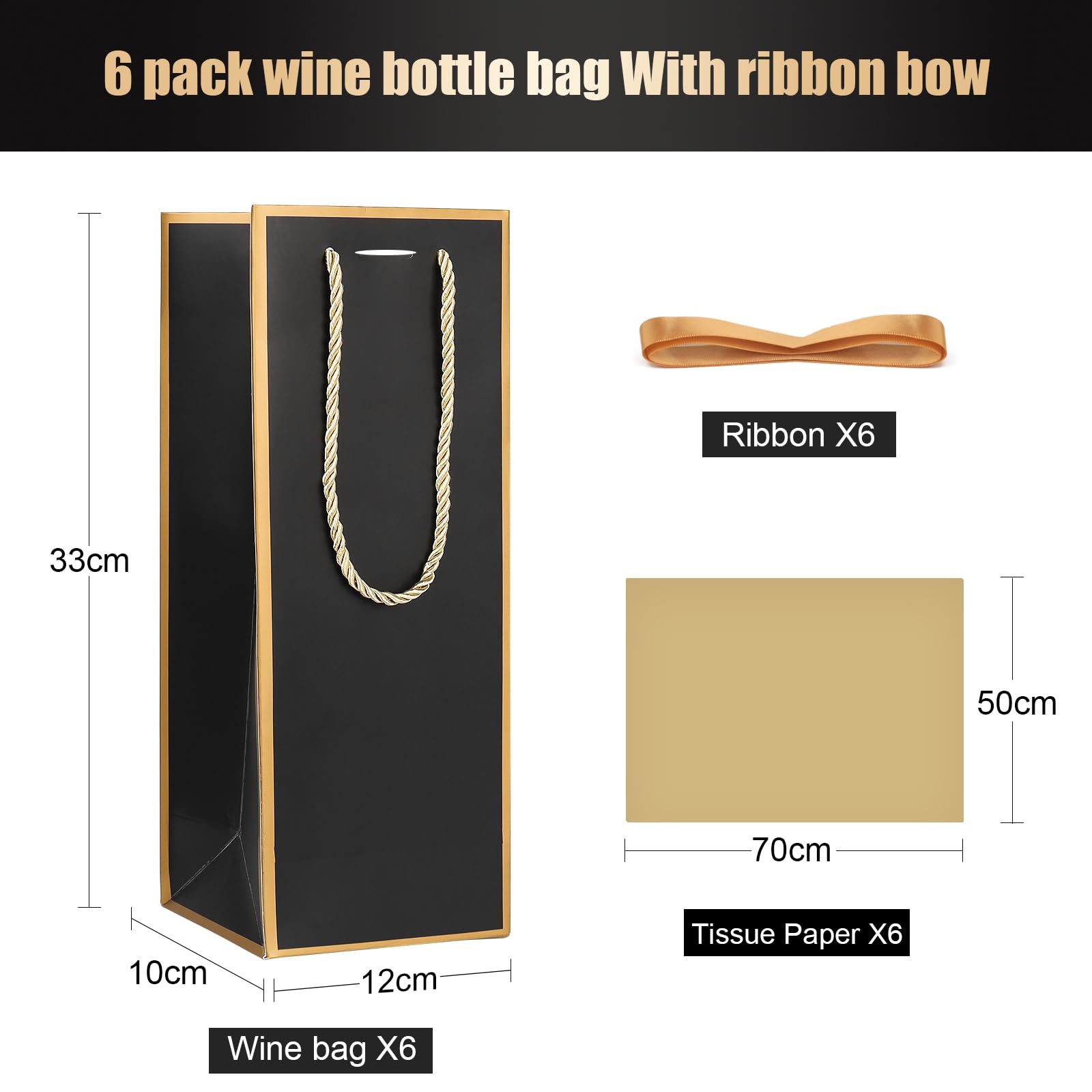 ZJHiome 6 Pack Wine Gift Bags with Tissue Paper Wine Bottle Paper Bags with Bow Ribbon for Wedding Birthday Christmas Retirement Party Supplies (Black)