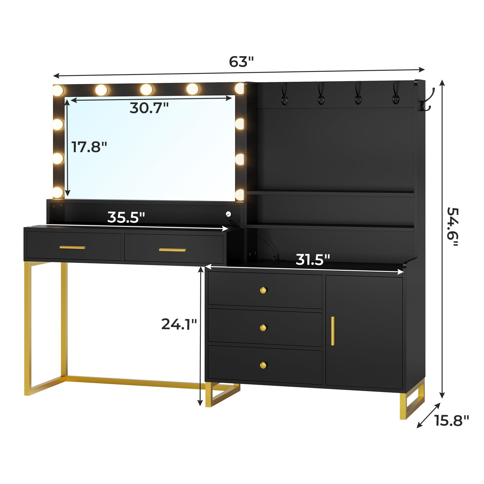 HAUOMS 63" W Vanity Desk with Mirror & Power Outlet, Makeup Vanity with 5 Drawers, 3 Storage Shelves, 1 Cabinet, Black Vanity with Lighted Mirror, Dressing Table for Bedroom,Black