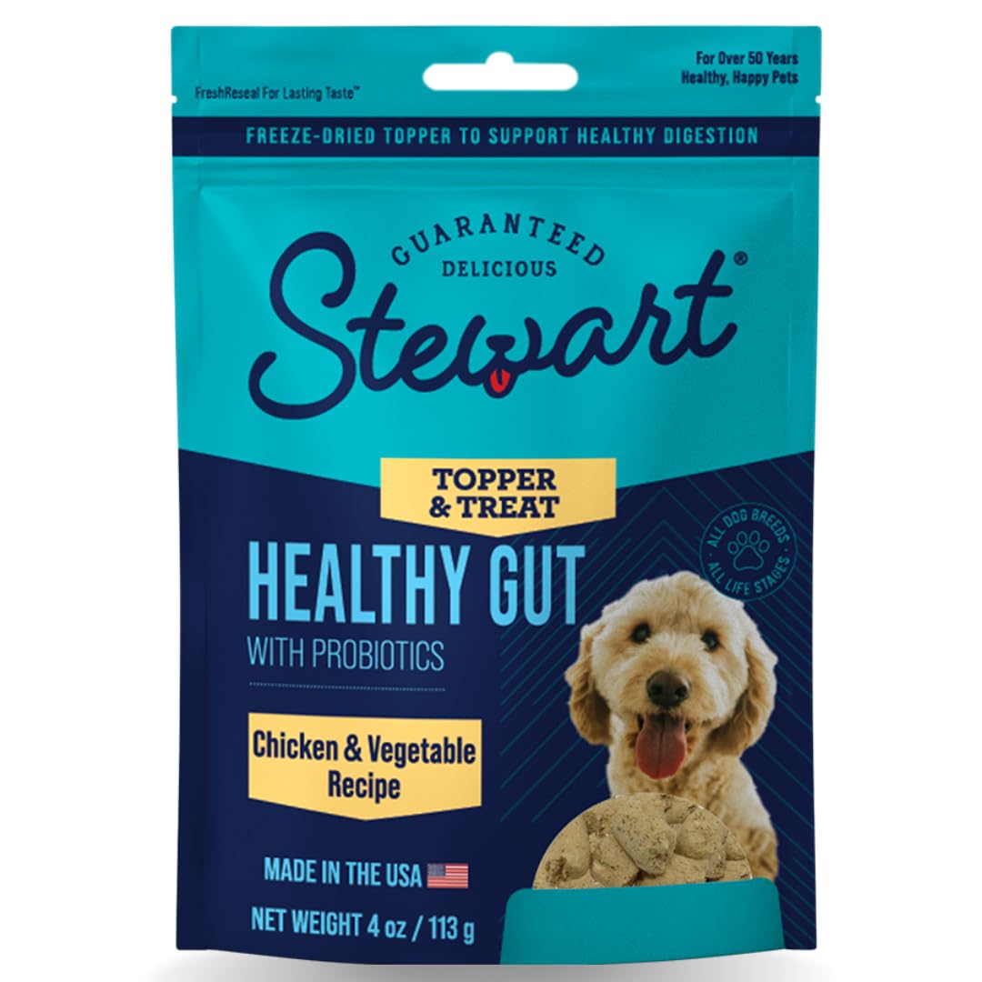 Stewart Freeze Dried Dog Food Topper, Healthy Gut, Chicken and Vegetable Recipe, 4 Ounce Pouch, Probiotics for Digestion