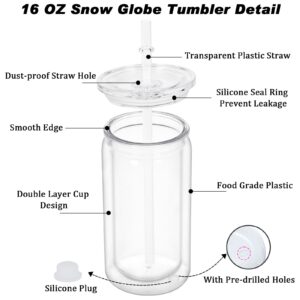 Micellwuu 16 oz Plastic Snow Globe Tumbler, 8 Pack Double Wall Snowglobe Tumbler with Pre Drilled Hole, Plastic Mason Jar Cups Can for Snow Globe Glitter DIY (Clear)