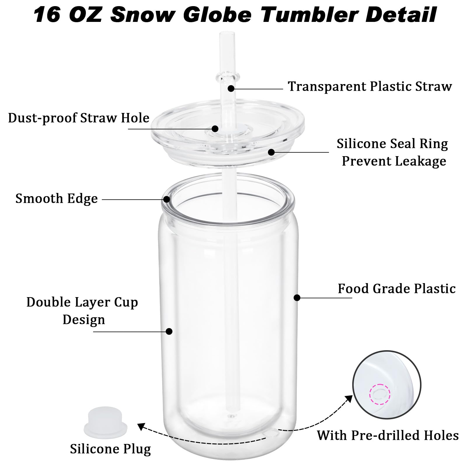 Micellwuu 16 oz Plastic Snow Globe Tumbler, 8 Pack Double Wall Snowglobe Tumbler with Pre Drilled Hole, Plastic Mason Jar Cups Can for Snow Globe Glitter DIY (Clear)