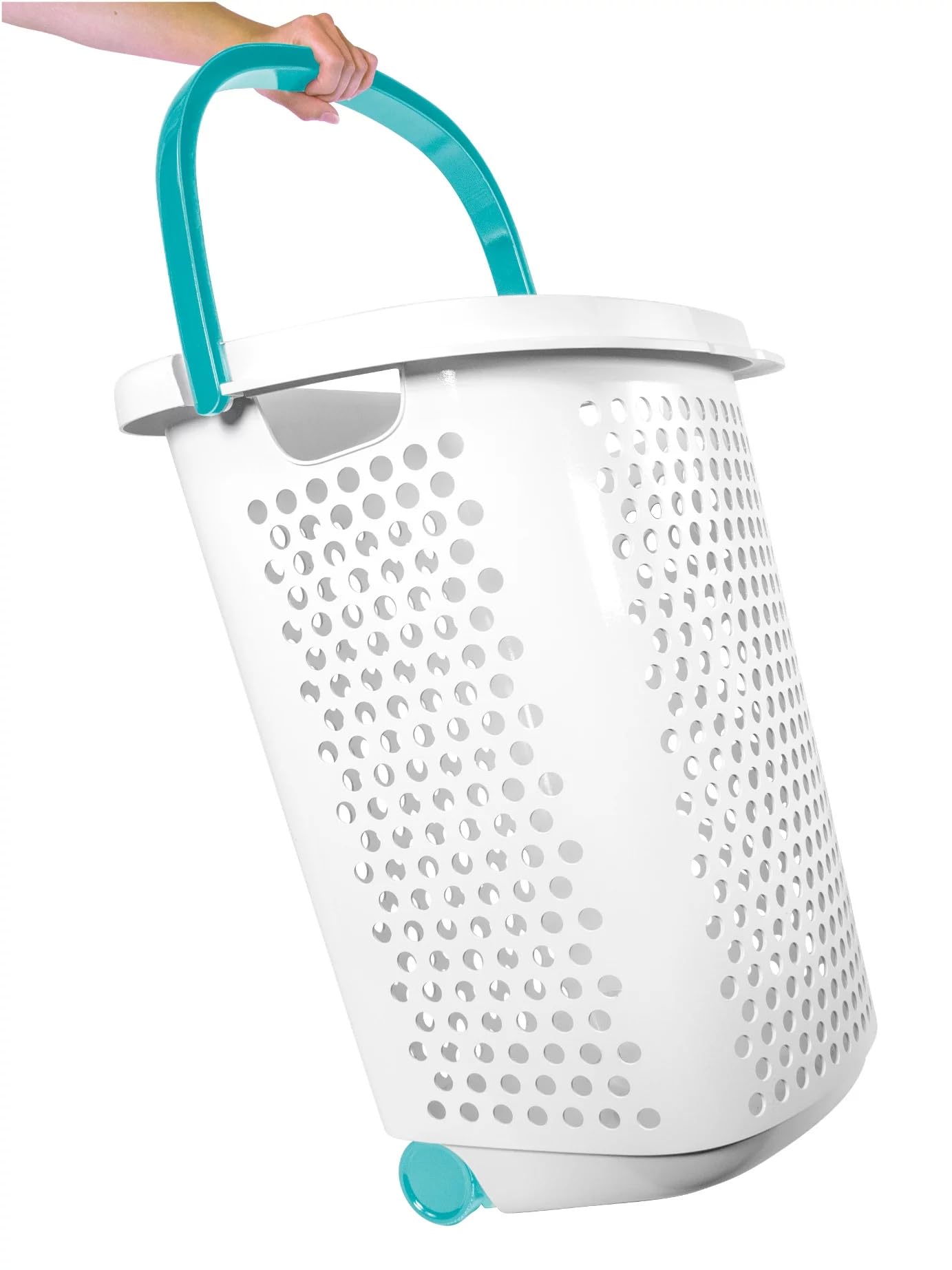 YLMZA Wheeled Design Clothes Laundry Basket, 70.52 Liter Capacity,2 Bushel Rolling Plastic Laundry Hamper with Pop-up Handle, White, Large