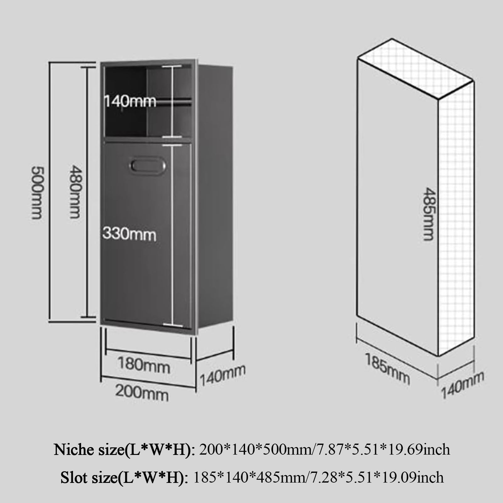 Stainless Steel Shower Nich Bathroom Recessed Wall Niche Shelf Toilet Paper Storage Rack Shower Niche Insert Embedded Trash Can for Toilet Paper Waste,Black-20x14x50cm/7.87x5.51x19.69inch