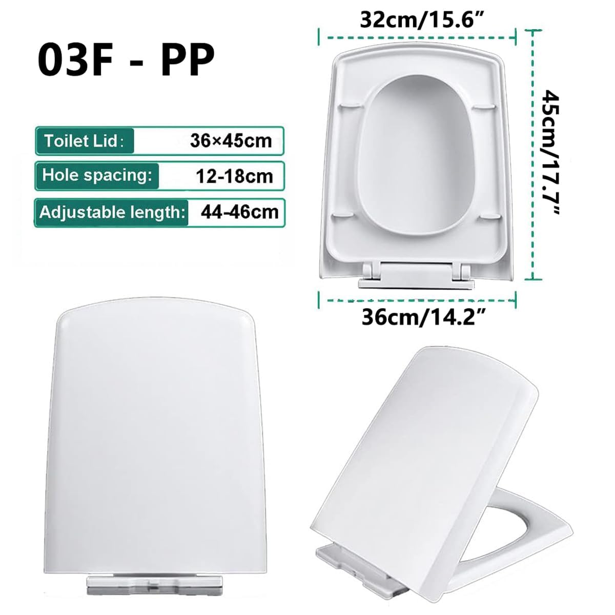 Gavilion Square Slow Close Toilet Seat, White PP Toilet Seat with Top Fixing Hinge, Quick Release Easy Cleaning, Rectangular Toilet Lid