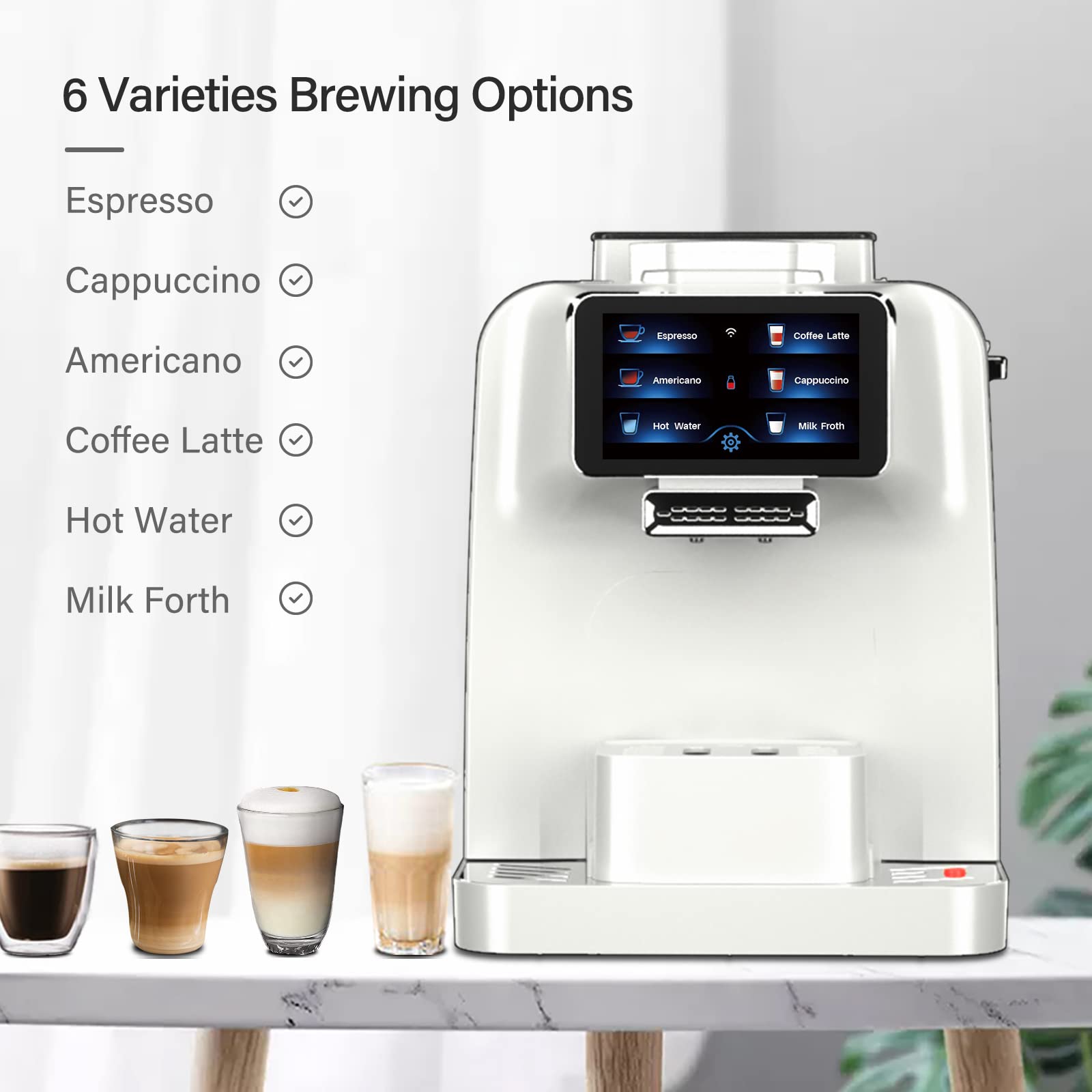 Mcilpoog WS-T6 Super Automatic Espresso Coffee Machine with Milk Jug, Built-in Small Refrigerator, Controlled by WIFI Connection (White)