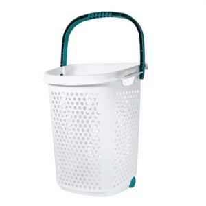 YLMZA Wheeled Design Clothes Laundry Basket, 70.52 Liter Capacity,2 Bushel Rolling Plastic Laundry Hamper with Pop-up Handle, White, Large