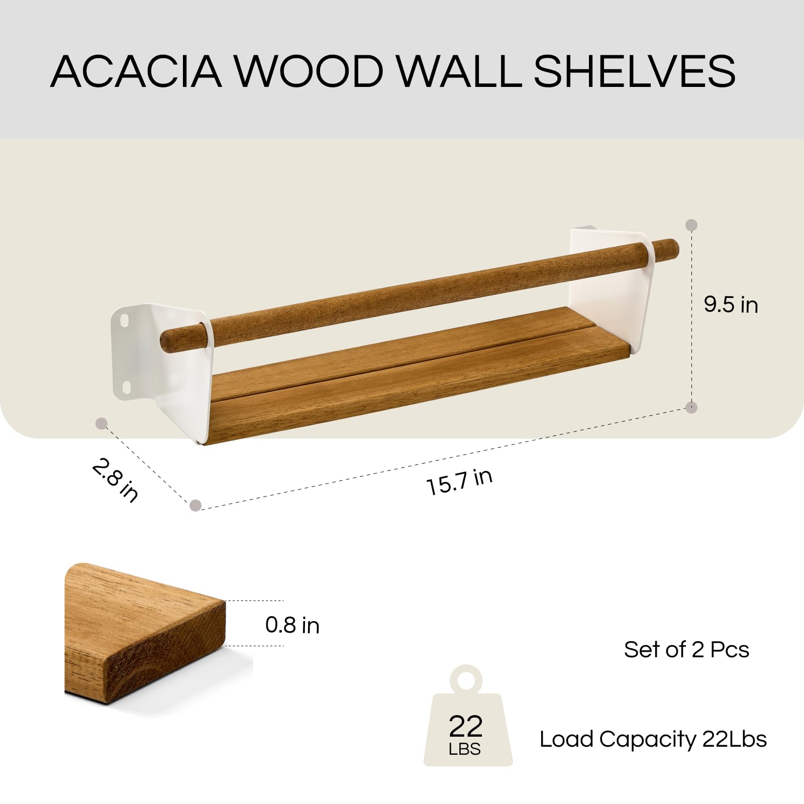 THYOI Set of 2 Acacia Wood Floating Wall Shelves, 15"x0.8"x2.7" Wall Mounted Storage Shelf, Hanging Organizer Shelf for Kitchen, Bathroom, Living Room.(Natural Color, White Metal Guardrail)