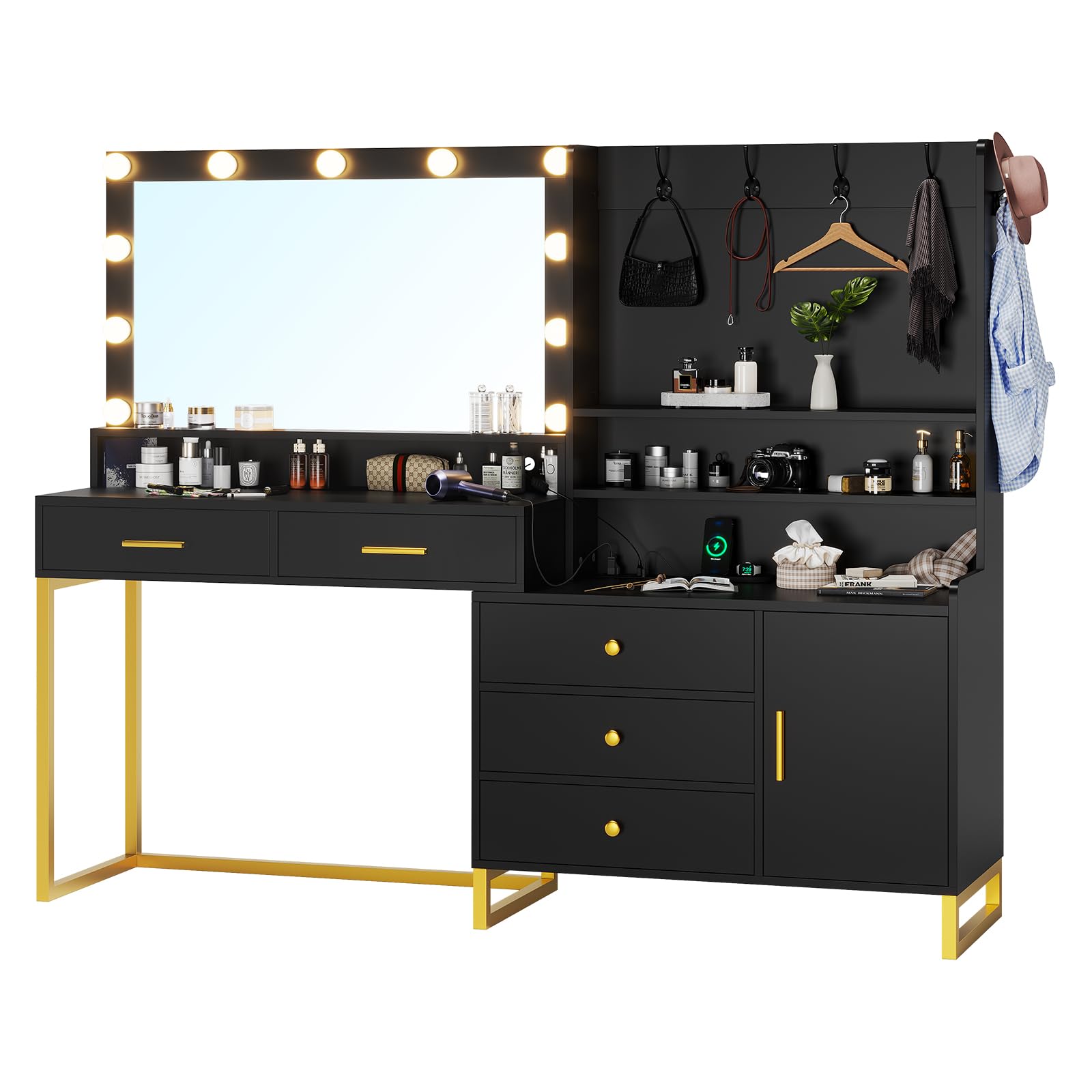 HAUOMS 63" W Vanity Desk with Mirror & Power Outlet, Makeup Vanity with 5 Drawers, 3 Storage Shelves, 1 Cabinet, Black Vanity with Lighted Mirror, Dressing Table for Bedroom,Black