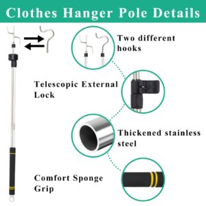 Greeily Clothes Hanger Reaching Hook, High Reach Garment Hook Telescopic Adjustable 37" to 63" for Hanging Clothes Plants Bird Feeders Christmas Light Pole Stainless Steel Material with 2 Long Hooks