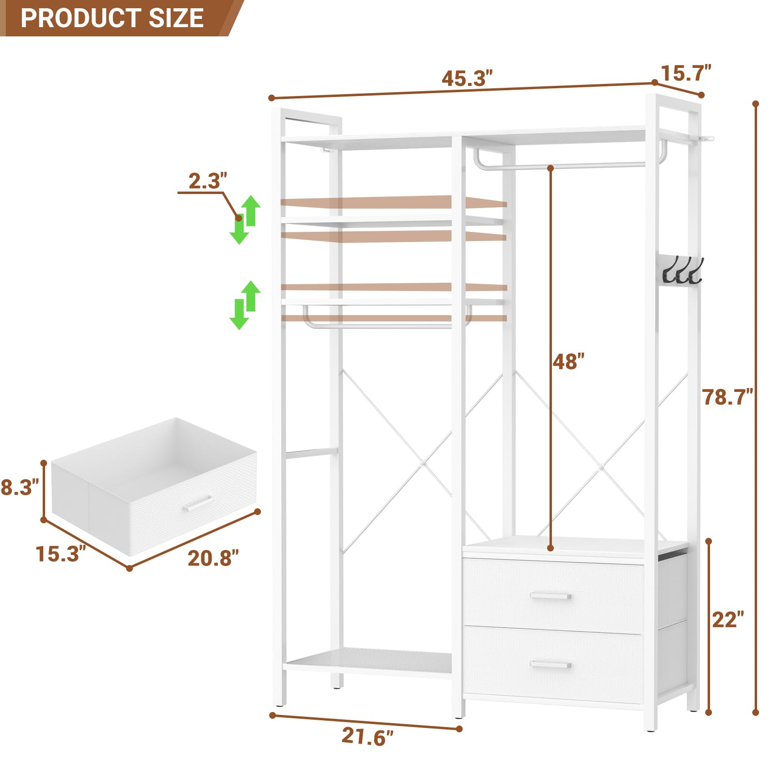 Clothes Rack for Hanging Clothes - Reversible Clothing Rack with 2 Drawers, Heavy Duty Garment Rack with Shelves, 6 Tiers Freestanding Portable Closet Wardrobe System with Hanging Hooks, White