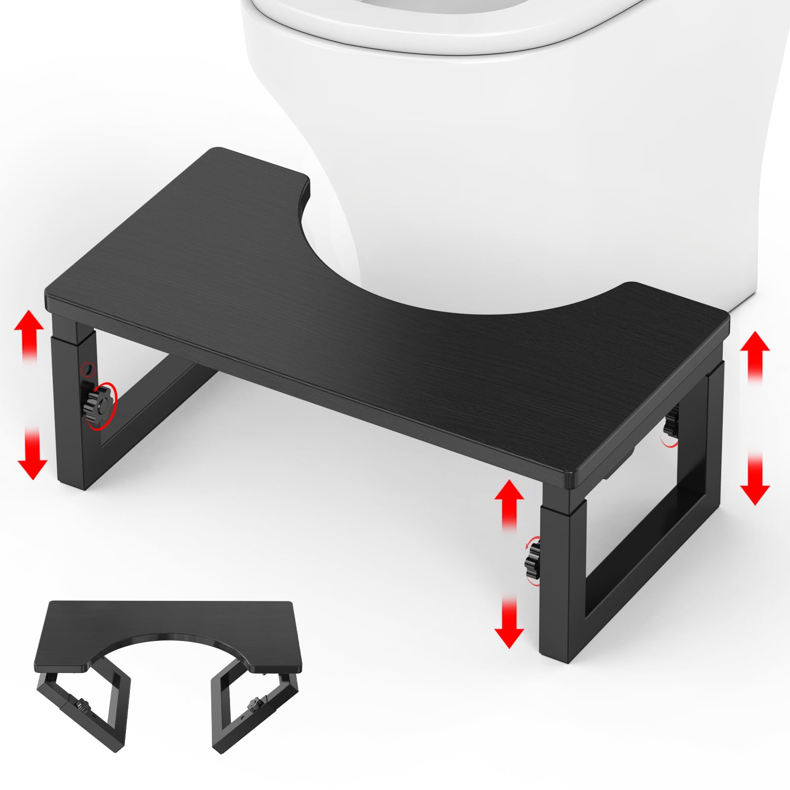 Wood Toilet Stool Foldable, 6" and 7" Adjustable Height Squat Stool Potty for Adults Kids, Sturdy Poop Step Stool for Bathroom, Improve Squatting Posture and Comfort, Non-Slip, Black