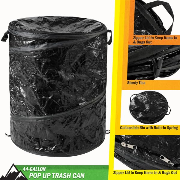 Wakeman Collapsible Trash Can - 44-Gallon Portable Garbage Can Outdoor Bin with Zippered Lid for RV, Camping, Parties, or Yard Waste (Black)