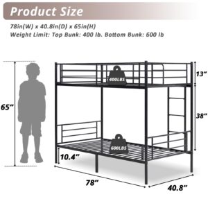 Karl home Black Bunk Bed Twin Over Twin, Metal Bunk Bed with Built-in Ladder and Safety Guardrail, Space-Saving Twin Bunk Beds for Kids, Teens & Adults, No Box Spring