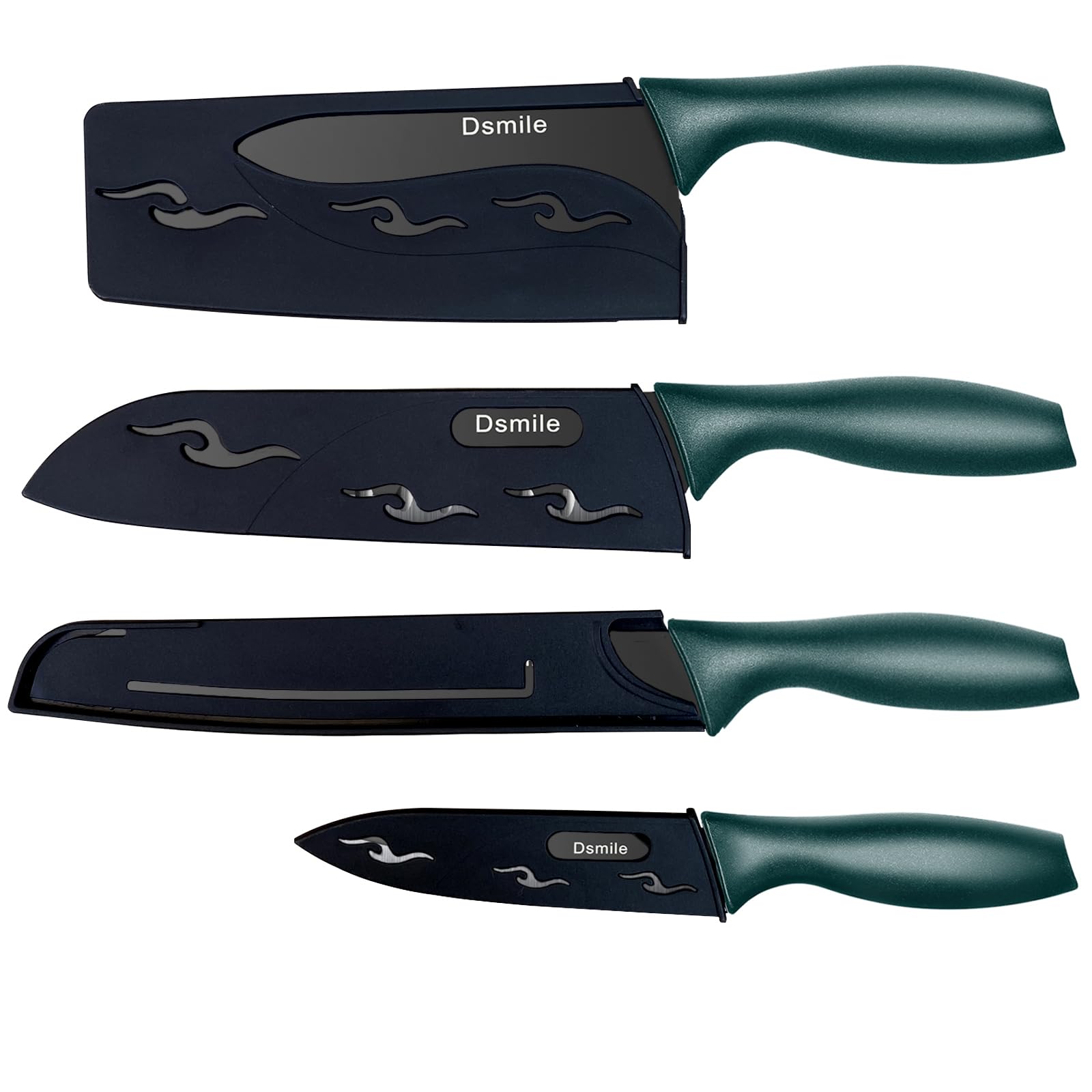 Dsmile 4 PCS Kitchen Knife Set,Black Stainless Steel Knives with Knife Covers,Non-Stick Coated Stainless Steel Blades for Cutting,Slicing & Dicing