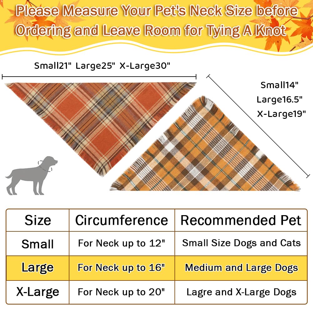 Vivifying Thanksgiving Dog Bandana, 2 Pack Halloween Fall Classic Plaid Dog Scarf with Tassels Edges, Funny Dog Apparel & Accessories Costume for Photo Prop, and Party Decor (Large, Yellow&Orange)