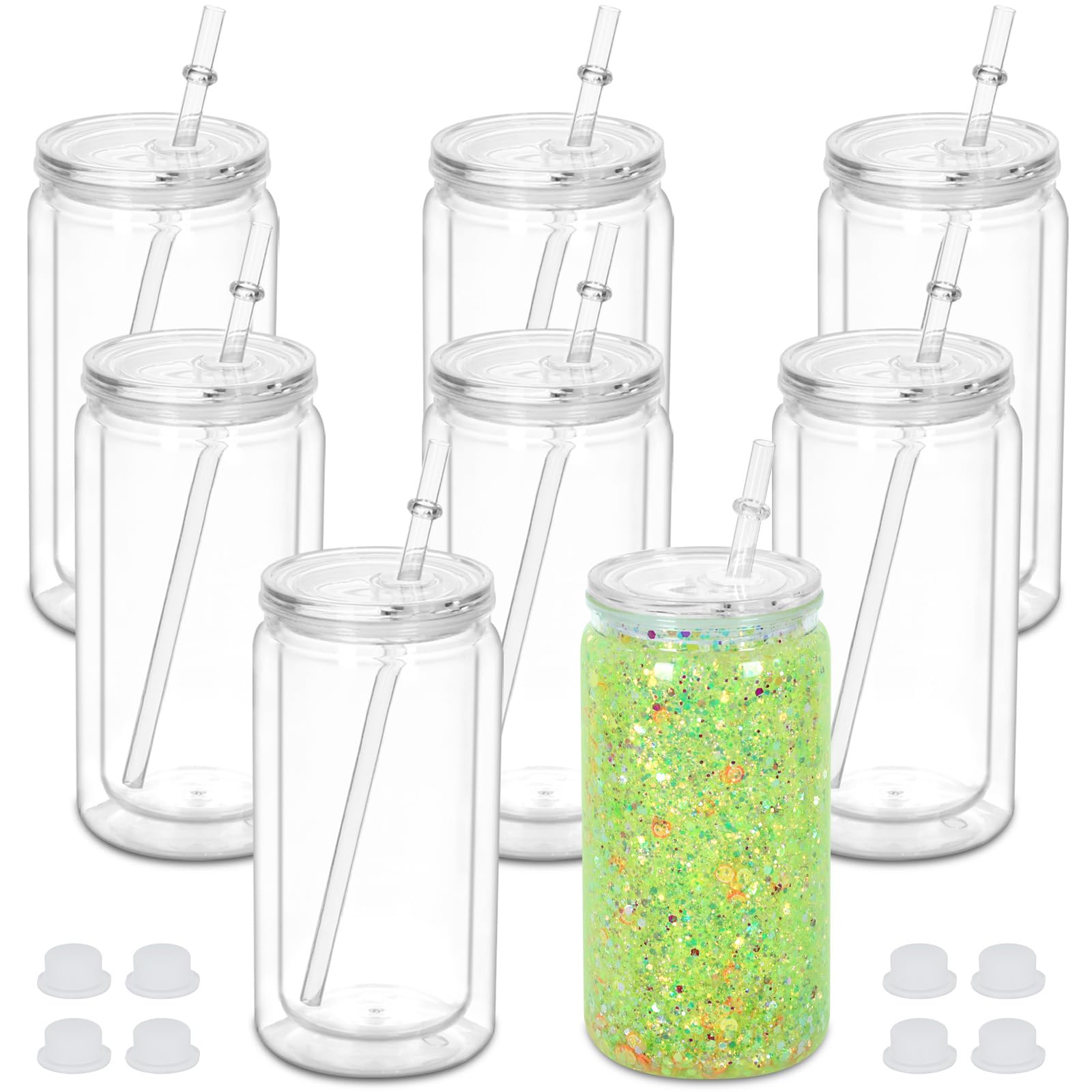 Micellwuu 16 oz Plastic Snow Globe Tumbler, 8 Pack Double Wall Snowglobe Tumbler with Pre Drilled Hole, Plastic Mason Jar Cups Can for Snow Globe Glitter DIY (Clear)