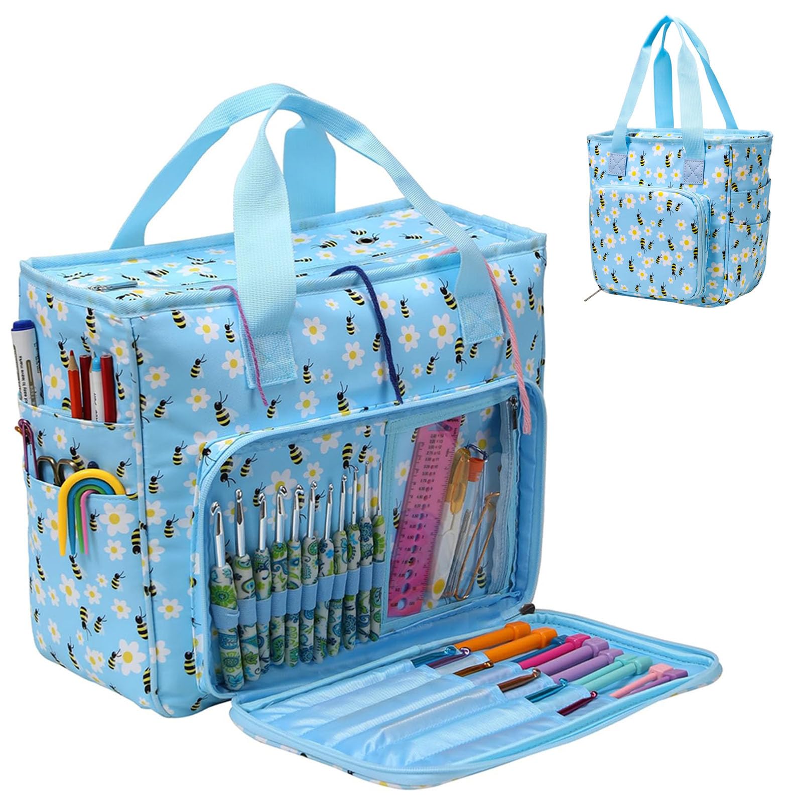 GDJZXD Crochet Bag, Crochet Storage, Knitting Organiser, Crochet Organiser, Craft Bag fit Carrying Projects, Knitting Needles, Crochet Hooks, Yarn, Blue Floral and Bees