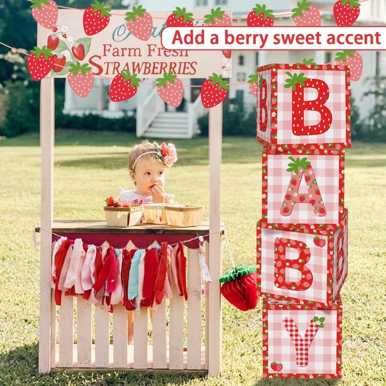 Lopeastar Strawberry Baby Shower Decorations Baby Boxes Banner Set, Berry Sweet Baby Boxes with Letters for Baby Shower Blocks Strawberry Banner Party Decorations