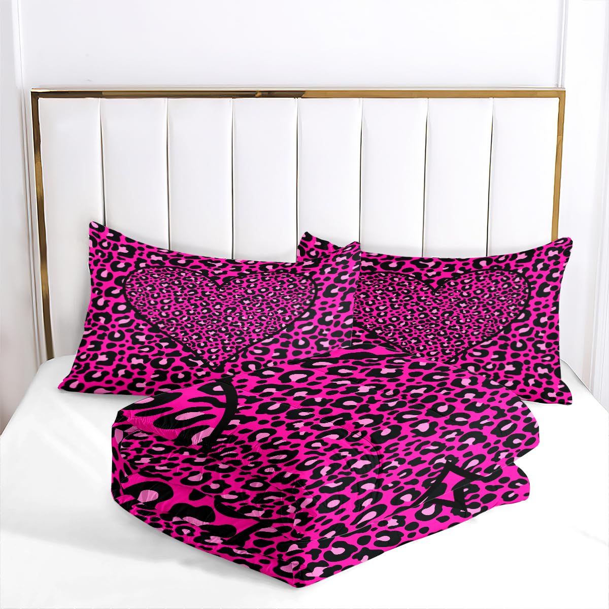 CCoutueChen Pink Leopard Print Comforter Set King Size Couple Love Bedding for Girls Cheetah Printed Bedding Comforter Wildlife Skin Fur Quilt Set Soft Lightweight Down Comforter Set for All Season