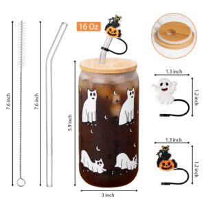 Halloween's Gift,Set Of 2 16 Oz Halloween Cups|Halloween Tumbler|Halloween Mug, Cat Themed Glass Cups With Lids And Straws, Coffee Cups, Fall Gifts For Women,Unique Halloween Ideas For Cat Lovers