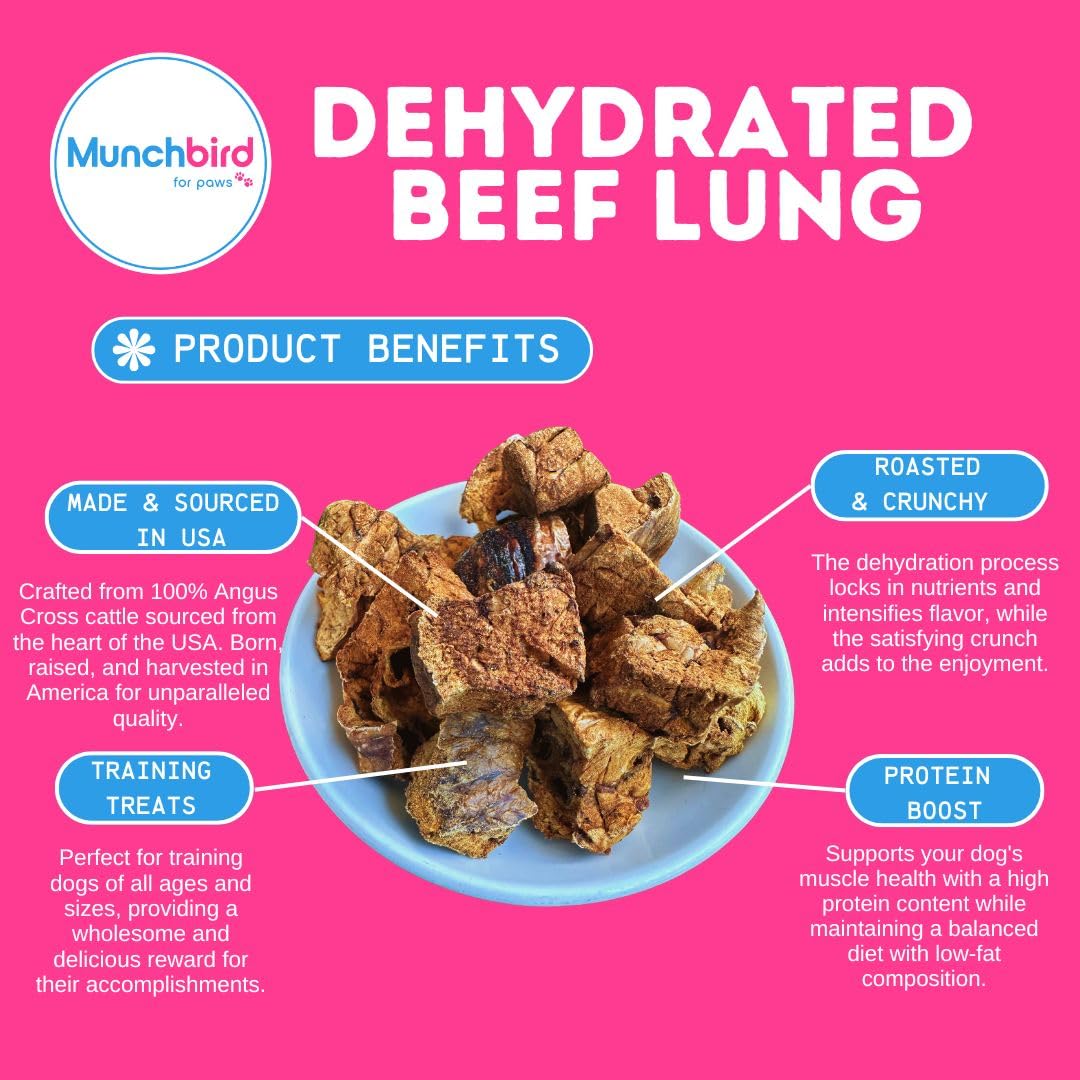 Munchbird Dehydrated Beef Lung Dog Treats (Premium Angus Beef), Dog Training Treats, Excellent Alternative to Freeze Dried Beef Liver Dog Treats for Maximum Crunch and Flavor, Made and Sourced in USA