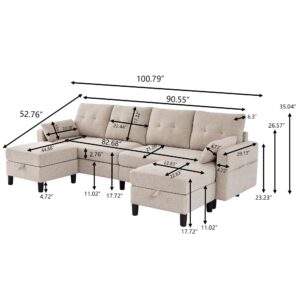 Tornama 101" Sectional Sofa Couch, Modern Polyester Convertible U Shaped Couch with Double Chaise and Storage Pocket, 4-Seat Sofa Set for Living Room, Beige