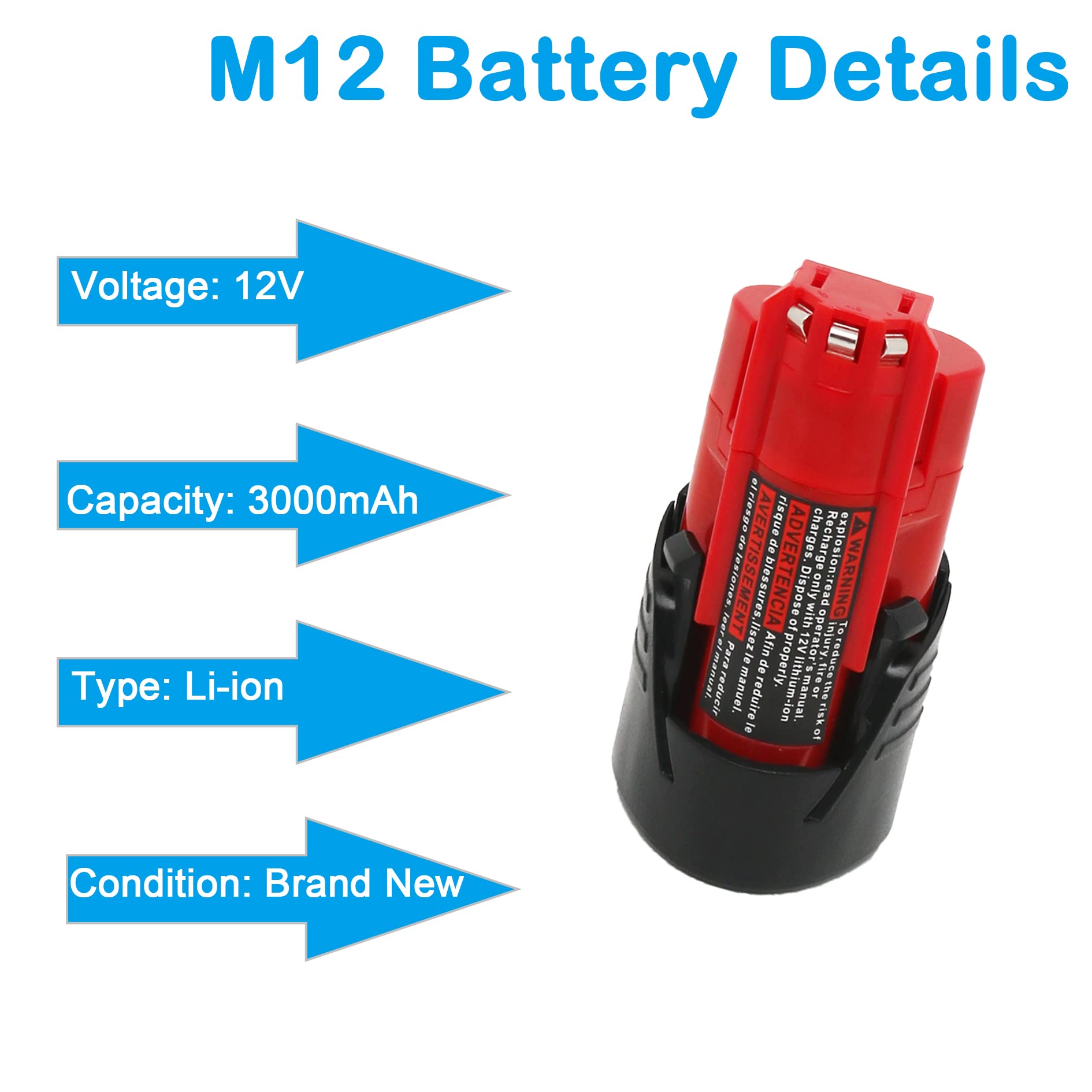 Volt1799 2-Pack 3.0Ah Replacement M12 Batteries and Rapid Charger for Milwaukee 12v Tools