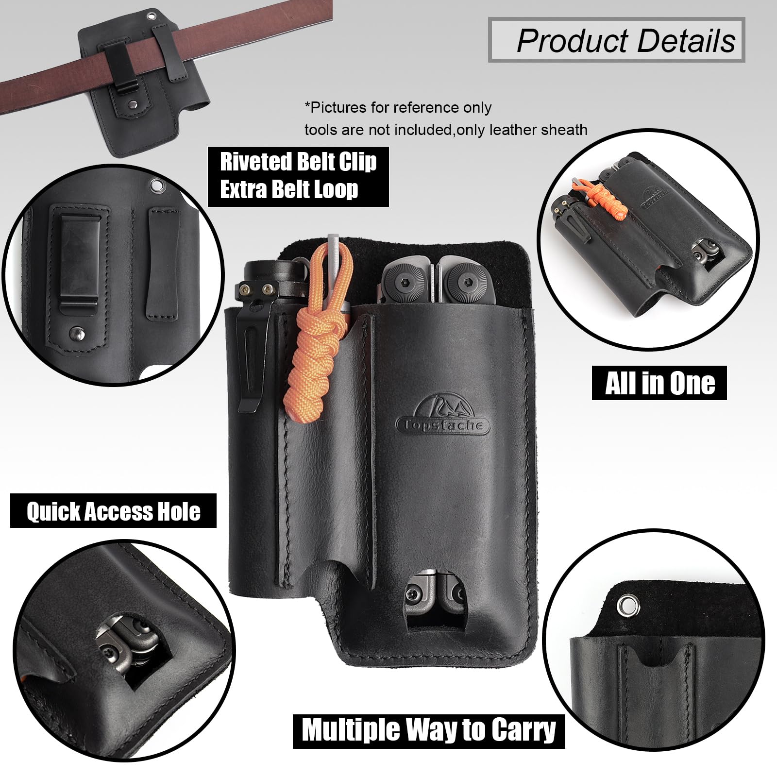 Topstache Leather Multitool Sheath with Belt Clip - Leather Multitool Pouch for Belt - EDC Belt Organizer - Multitool Holster Fits Multitool, Flashlight, Pen - Leather Multitool Holder - Black