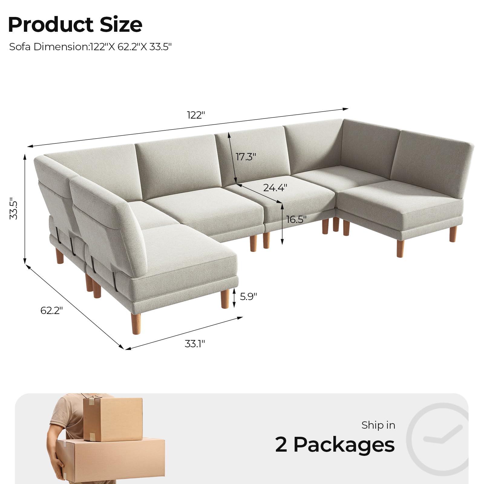 COPIAE 122” Modular Sectional Sofa, 6 Seat Oversized Sectional Couch with Chaise, Modern U Shaped Couch Set with Metal Frame& Wooden Legs, Performance Fabric Sleeper Sectional Sofas for Living Room