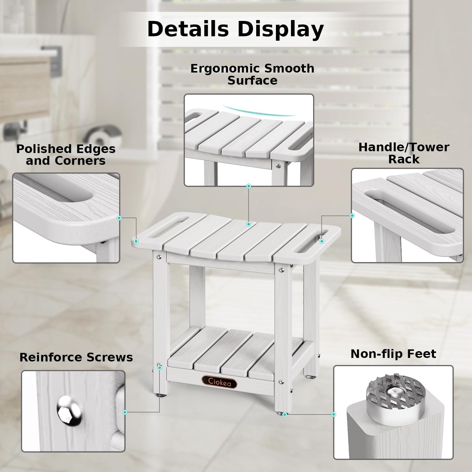 Ciokea Shower Bench for Inside Shower, Waterproof Plastic Shower Stool for Shaving Legs with Storage Shelf, HDPE Shower Bath Tub Benches for Bathroom, Indoor or Outdoor Use, White