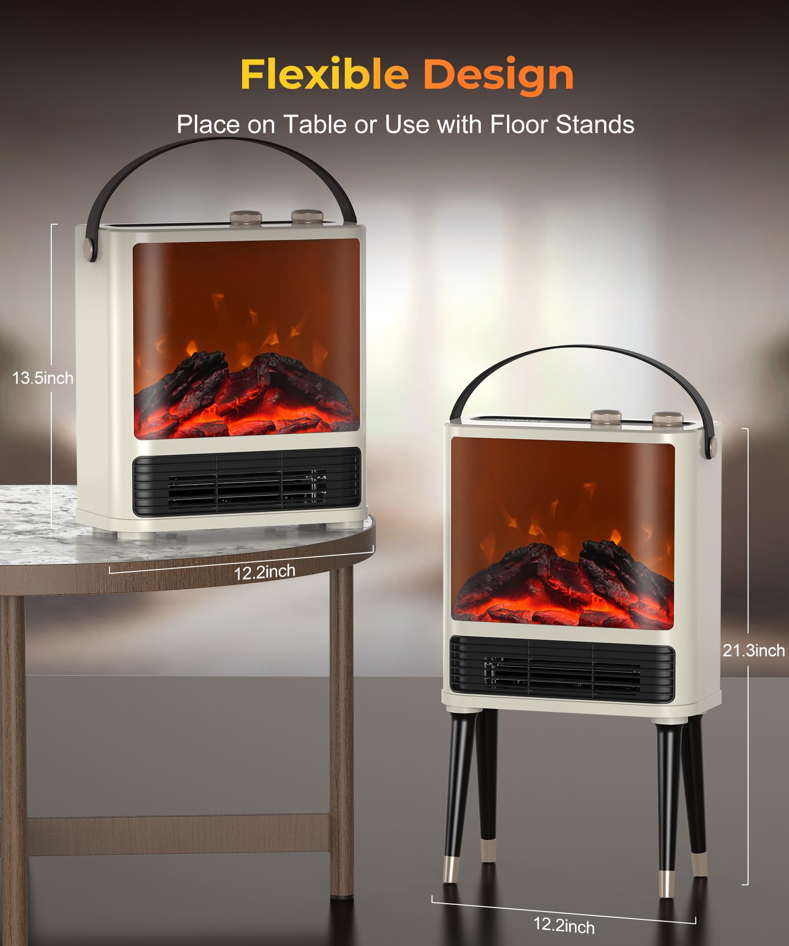 Fireplace Heater, Fireplace Space Heater for Indoor Use, Space Heater with Realistic 3D LED Flame, 2 Modes, Overheating & Tip-Over Protection, 1500W Fireplace Electric Heater for Bedroom White