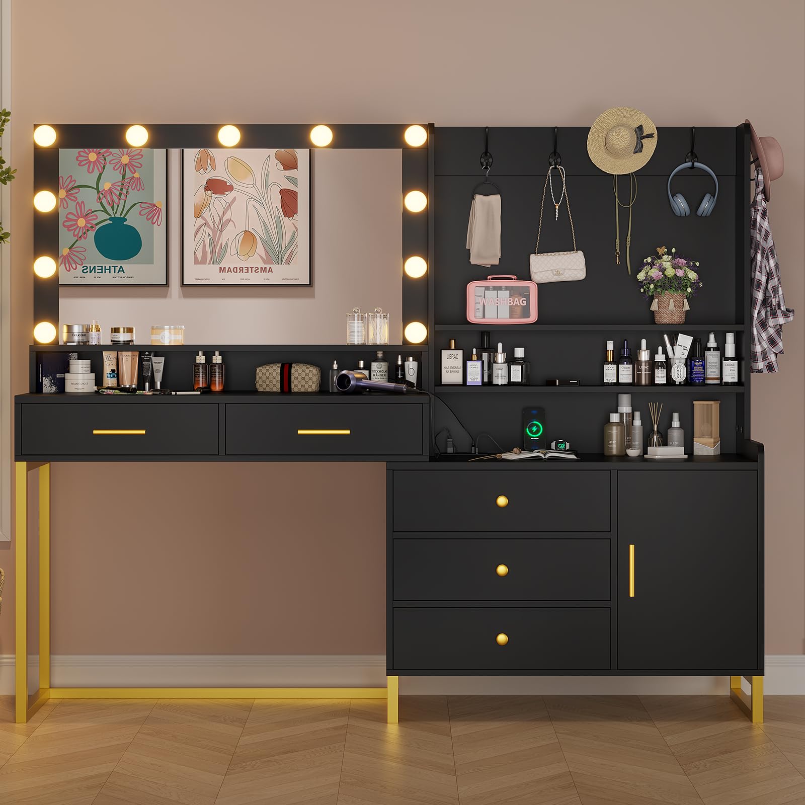 HAUOMS 63" W Vanity Desk with Mirror & Power Outlet, Makeup Vanity with 5 Drawers, 3 Storage Shelves, 1 Cabinet, Black Vanity with Lighted Mirror, Dressing Table for Bedroom,Black