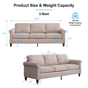 PUREMIND Sofa Couch Set, 3 Seat Couches for Living Room Mid Century Modern Couch with Solid Wood Frame Linen sectional Couch Sofa for Home for Office for Apartment Beige