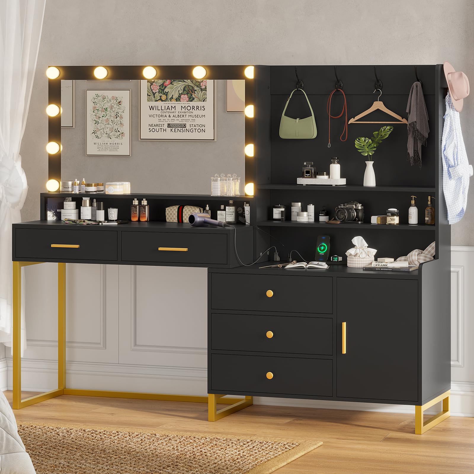 HAUOMS 63" W Vanity Desk with Mirror & Power Outlet, Makeup Vanity with 5 Drawers, 3 Storage Shelves, 1 Cabinet, Black Vanity with Lighted Mirror, Dressing Table for Bedroom,Black