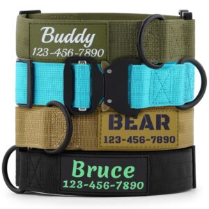 personalized tactical dog collar with name and phone number, heavy duty nylon military dog collar with strong metal buckle for medium and large dogs