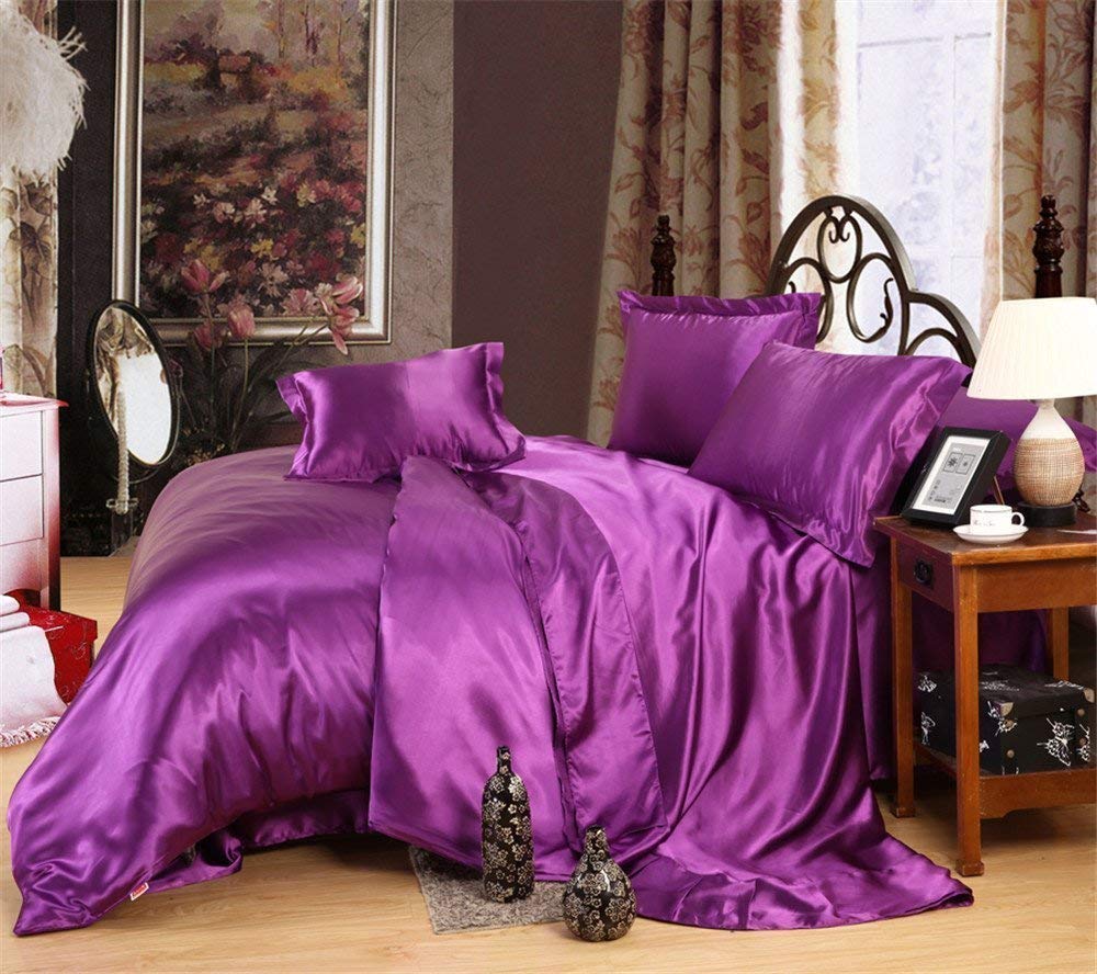 Opulence Bedding Satin Duvet Fitted Set, Ultra Soft Silky Satin 4 Pieces Duvet Cover Sets (1 Duvet Cover + 1 Fitted Sheet 15" Deep + 2 Pillow Shams),California King Size,Purple