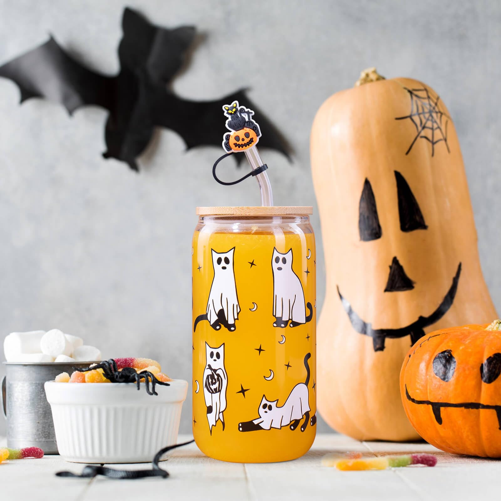 Halloween's Gift,Set Of 2 16 Oz Halloween Cups|Halloween Tumbler|Halloween Mug, Cat Themed Glass Cups With Lids And Straws, Coffee Cups, Fall Gifts For Women,Unique Halloween Ideas For Cat Lovers