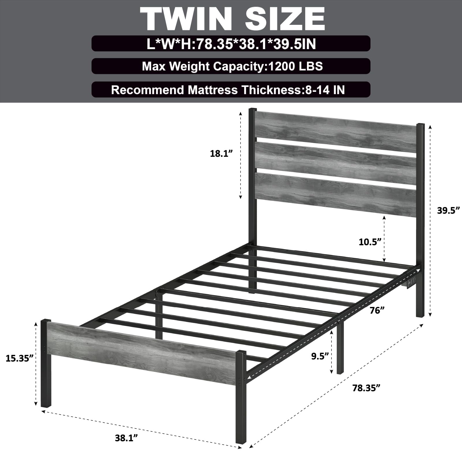 PUNICE Twin Size Bed Frame with Charging Station, LED Light Metal Bed Frame with Wooden Headboard, No Box Spring Required, No Noise, Easy Assembly, Light Grey