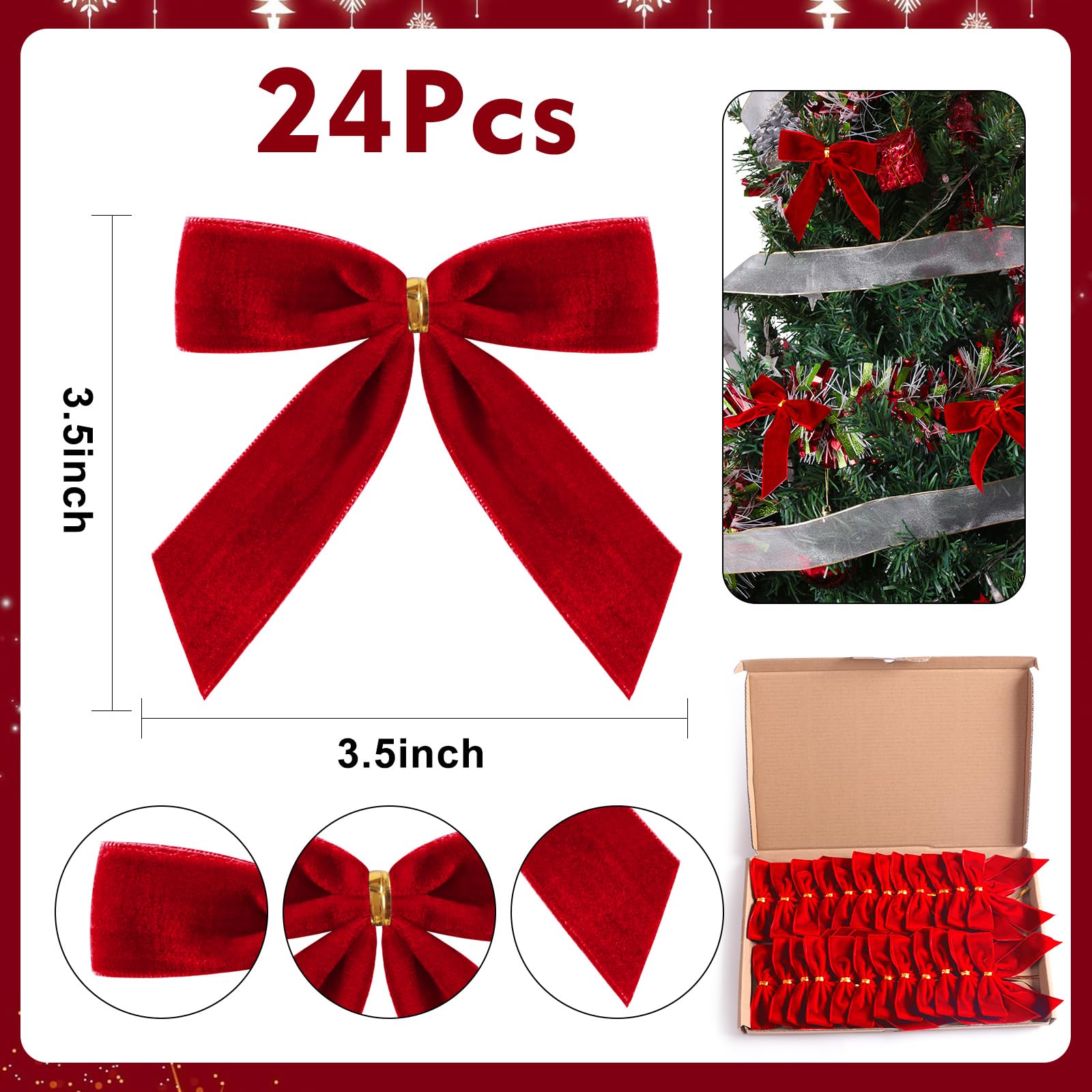 Utehilly 24 Pcs Red Small Velvet Christmas Bows for Christmas Tree, Wreath, Gift Wrapping, Crafts, Wedding, Party, Twist Tie Bows for Treat Bag Bakery Candy Bags, Home Decor 1" W,3.5 x 3.5 inch